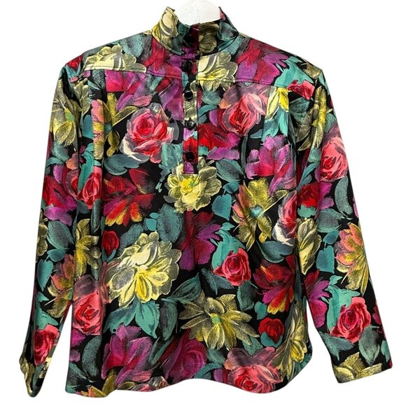 Vintage Emanuel Ungaro Silk Blouse Size 6 Black Floral 70s 80s Designer Italy - Picture 1 of 12